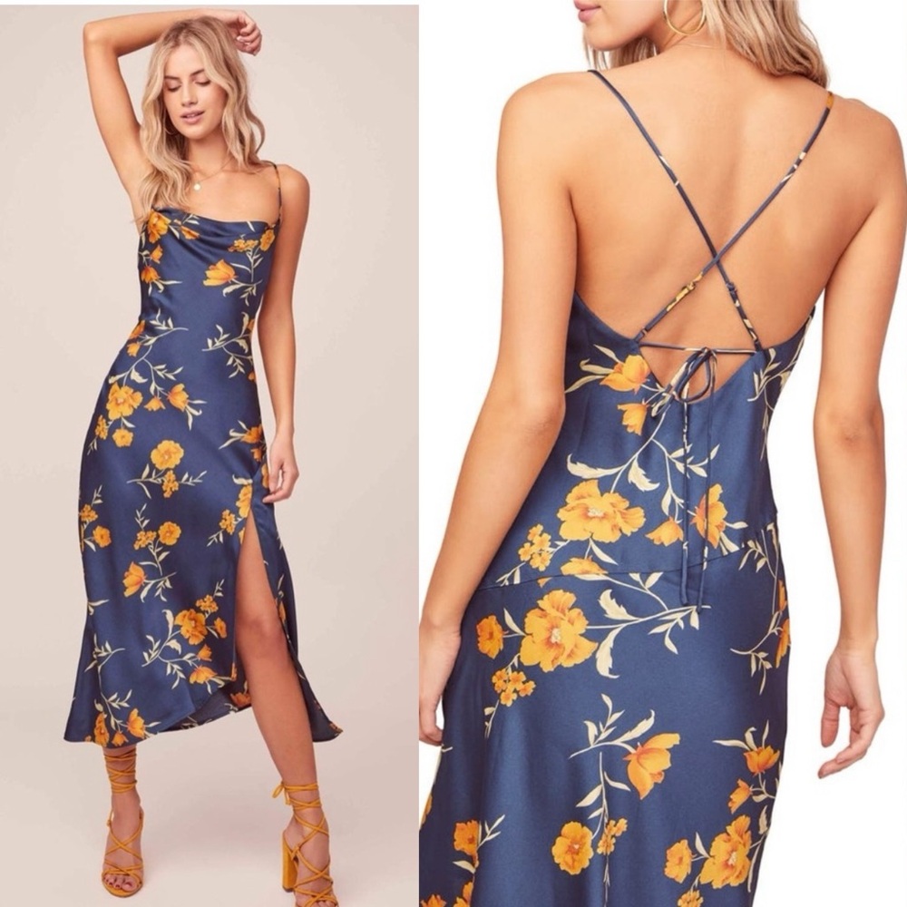 Astr Navy Floral Midi Slip Dress with Yellow Blooms
